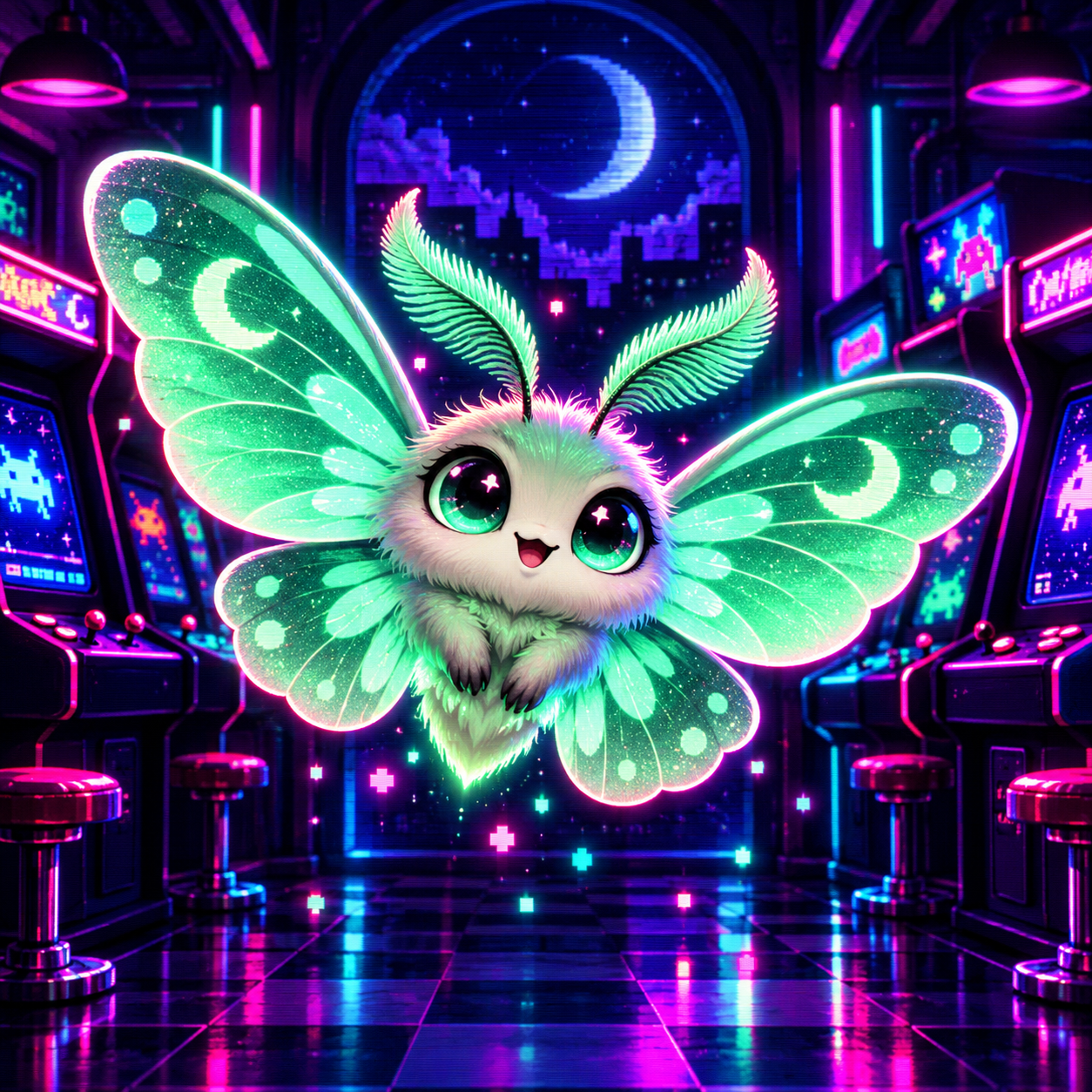 A luminous mint green moth in a neon midnight arcade